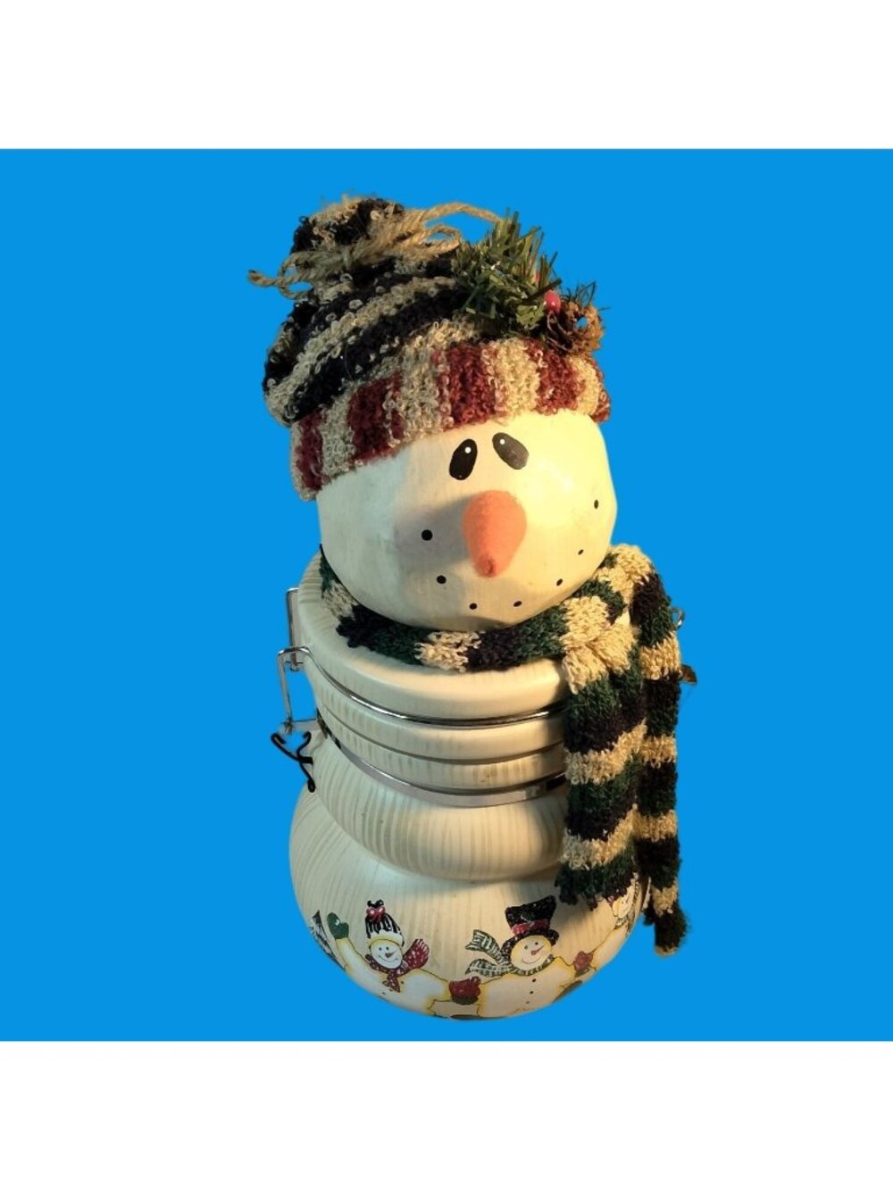 Snowman Cookie jar Canister Knit Hat Scarf wire Twig arms